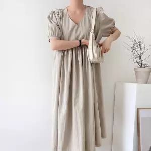 여자 바스락 빅사이즈 임부복 브이넥 셔링 롱원피스