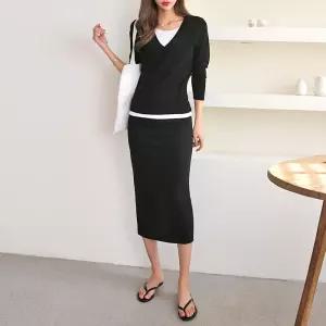 여자 봄 가을 무지 브이넥티셔츠 H라인 롱스커트 세트