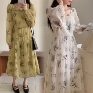 여성 스퀘어넥 쉬폰 긴소매 플라워 롱 원피스_3