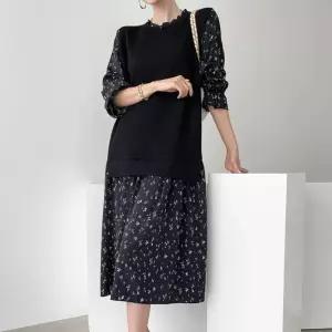 여자 플라워 레이어드 느낌 쉬폰 스판 긴팔 롱원피스_3