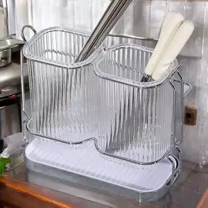 PrimeBulk 리빙 물빠짐 수저꽂이(투명+실버) 수저통