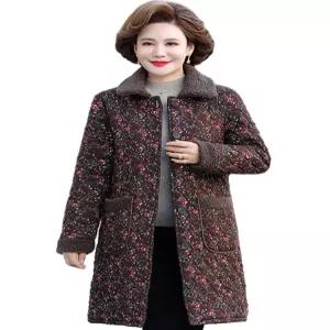 겨울용 두툼한 플리스 안감 면 패딩 코트 중간길이 꽃무늬 프린트 따뜻한 여성용 외출용 중장년층