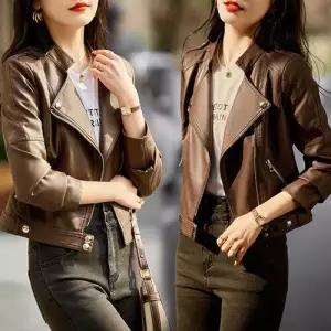 스트레인지 여성 춘추 빈티지 PU라이더 데일리룩 가죽 코트 자켓 숏커피색 무스탕 키작 KUK1