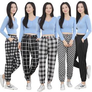 여성 체크 조거 팬츠 바지 밴딩 편안한 스판 트레이닝복 운동복 츄리닝 봄 여름
