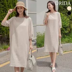 [하프클럽/] 여름 여자 마 린넨 7부 루즈핏 빅사이즈 롱 원피스 40-50대 중년