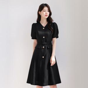 [시크라인] (~XXL까지) 라하레 퍼프 슬리브 골드 버튼 벨트 원피스 여름 하객룩 오피스룩 데이트 모임 미시 빅사이즈