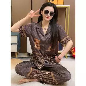 여성 명품 럭셔리 파자마 브라운 반팔 실크 잠옷 세트