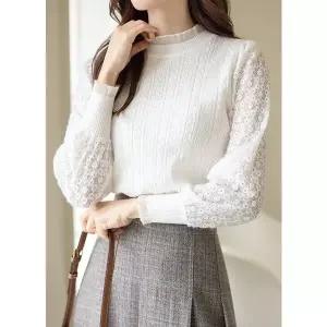 [스타일온미] 레도라 레이스 슬리브 프릴넥 니트 블라우스