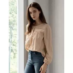 [탱커스]레이스 자수 핀턱 셔링 블라우스 (TX3BL027L0)