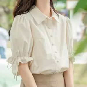 ONM 카라 퍼프소매 밴딩 스트링 반팔셔츠블라우스