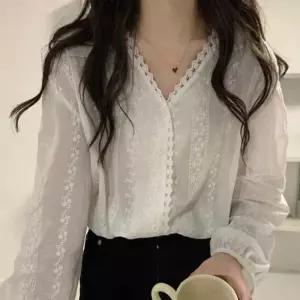 ONM 여성 데일리 펀칭 레이스 브이넥 긴팔 셔츠 블라