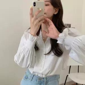 ONM (프릴브이넥) 소매 셔링 블라우스