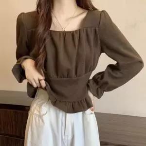 ONM 면접 셔츠 셔링 긴소매 스퀘어넥 정장 블라우스