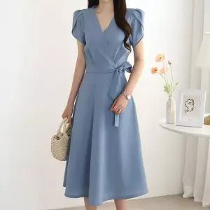 [하프클럽/]튤립소매 벨티드 플레어 원피스_PM2506OP032B