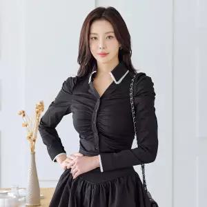 채핏 보스 셔링레이스 블라우스 섹시 글램 긴팔 bl 슬림 셔링 셔츠 카라넥 레이스 퍼프 벌룬