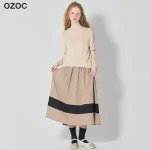 오조크 우븐 배색 니트 플리츠 원피스