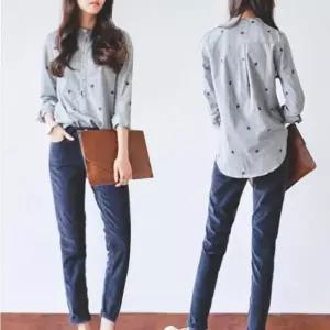 ONM 여자 나뭇잎 자수 스트라이프 패턴 데일리 셔츠남