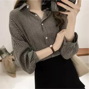 ONM 볼륨감있는 소매 라인 세련된무드 체크 패턴 여성