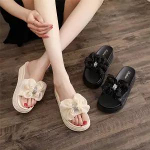 여름 외출 사무실 블링 쉬폰 리본 큐빅 통굽 슬리퍼