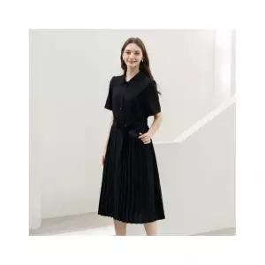 더핸드메이드 린넨라이크 세미 A라인 반팔 플리츠 카라 원피스 595403