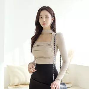 채핏 딩딩 셔링초커 티셔츠 섹시 글램 긴팔 tee 반목 반폴라 초커 셔링 볼레로 스퀘어넥 클럽룩