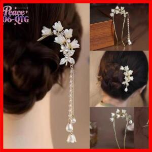 중국 한복 머리 장식 긴 태슬 빈티지 은방울꽃 U자형 머리핀 꽃 수제 헤어 스틱 여성용