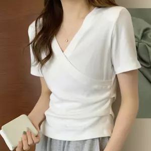 여성 무지 티셔츠 브이넥 셔링 면 모달 반팔티