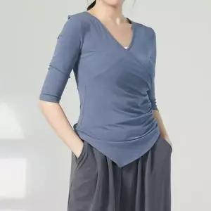 브이넥 티셔츠 라인댄스 상의 라틴 댄스복 여성용 사교 레슨복 칠부소매