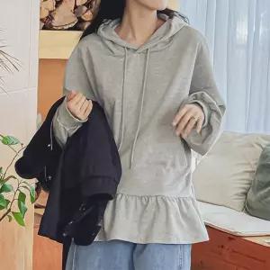 밑단 프릴 후드 티셔츠 긴팔 무지 루즈핏 여성 빅사이즈