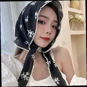 여성 머리스카프 자수 꽃무늬 프릴 레이스 장식 헤어밴드 목도리 패션 액세서리