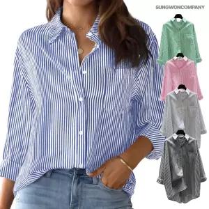 이너퀸 여성용 빅사이즈 바스락 간절기 스트라이프 줄무늬 단가라 기본 베이직 긴팔 셔츠 세로줄셔츠