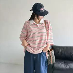 봉봉 데일리 카라넥 박스티 배색 여행 반팔 봄 간절기 면혼방 스트라이프 티셔츠 20대