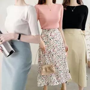 보트넥 슬림 기본 반팔 니트티 쫀쫀 여성스러운 여리 5부 골지 사계절 이너 니트 티셔츠