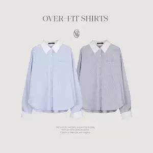 핫핑 [LOVB] L-1462 오버핏 배색 스트라이프 핀턱 긴팔셔츠