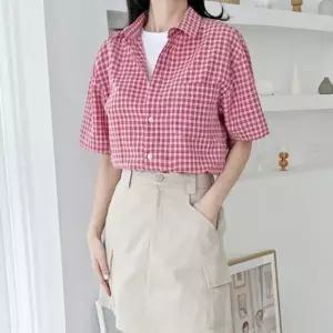 [다잇템]여자 격자 반소매 롱 빅사이즈 시어서커 남방 (40194036A)