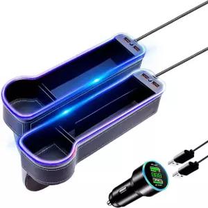 자동차 시트 틈새 수납함 2개 세트 USB 고속 충전기 및 LED 라이트 포함 다기능 사이드 포켓 컵홀더 블랙