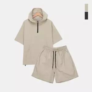 여성 여름 아노락 하프집업 스트링 반팔 트레이닝 후드세트 SFREE002