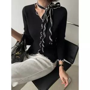 [다바걸]빈물결배색타이가디건