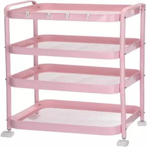 uxcell 슬림 수납 카트 바퀴 달린 4단 좁은 유틸리티 롤링 사무실 주방 욕실 수납장 분홍색