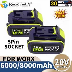 WORX 시리즈 전동 공구용 20V 6.0Ah/8.0Ah 교체용 배터리 LED 표시기 포함 WA3016 WA3023 WA3054 호환 가능
