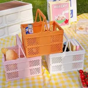 다용도 수납 바구니 다용도 옷장 플라스틱 접이식 수납 바구니 피크닉 캠핑용 조립식 손잡이 베란다 차량용