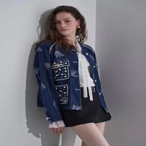 [르니앤맥코이]진주 자수 노카라 라운드 데님 자켓 MN04JK704HJY