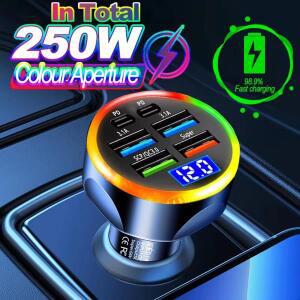 250W PD 차량용 충전기 QC3.0 빠른 6개의 자동차 시가 라이터 플러그 디지털 디스플레이가 있는 플래시