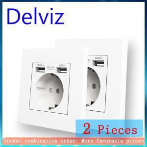 Delviz 듀얼 USB 충전 콘센트, AC 110~250V 전원 잭, 흰색 PC 재질 패널, 2A 인터페이스, 16A EU 표준 벽면