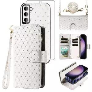 삼성 갤럭시 S23 플러스 S23+ 5G 지갑 케이스 지퍼 휴대폰 화면 보호기 크로스바디 스트랩 글리터 플립 카