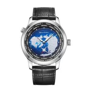 SEA-GULL 오토매틱 기계식 남성용 시계, 41mm GMT 월드 타임, 서브 세컨드 다이얼, 5ATM 방수 야광 손목시