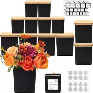 코누 12팩 9온스 3온스 매트 블랙 스퀘어 캔들 만들기용 용기 두꺼운 유리 벌크 빈 밀폐 대나무 뚜껑