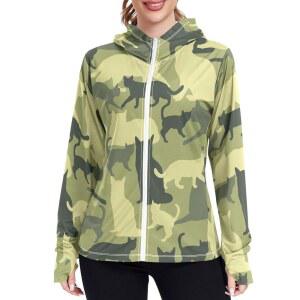 [Chovvy] 래시가드 레ディ ス UV 차단 후드티 긴소매 여름 카디건 앞열림 위장 고양이 무늬 네이비 그린 선크림 옷 일광욕 대비 UPF50 자외선 손가락 구멍이 있는 얇은 제품 투명감 경량 시원함 빠른 건조