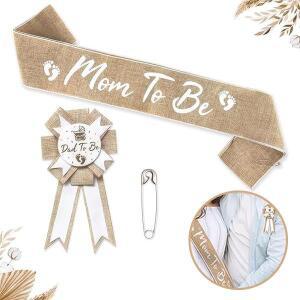 환영 베이비 파티, 양철 가슴 꽃 어깨 끈, 실크 새틴 끈 세트, 엄마/아빠가 될 것, 린넨