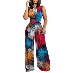 [LFKERWMG] 여성용 바지 보헤미안 프린트 노슬리브 점프수트 O넥 지퍼 롱 팬츠 와이드 레그 롬파스 레ディ ス 대형 사이즈